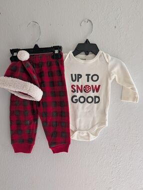Baby Holiday Buffalo Plaid Pant & 'Up To Snow Good' Cream Bodysuit Set